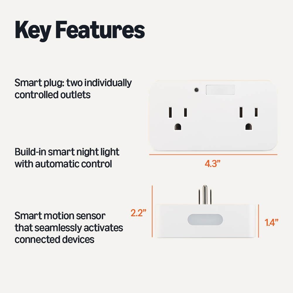 Dual Smart Plug with Motion Sensor and Night Light, Works with Alexa Only, 2.4 GHz Wi-Fi, No Hub Required, 4.33 x 2.36 x 1.38 in, White - Image 2
