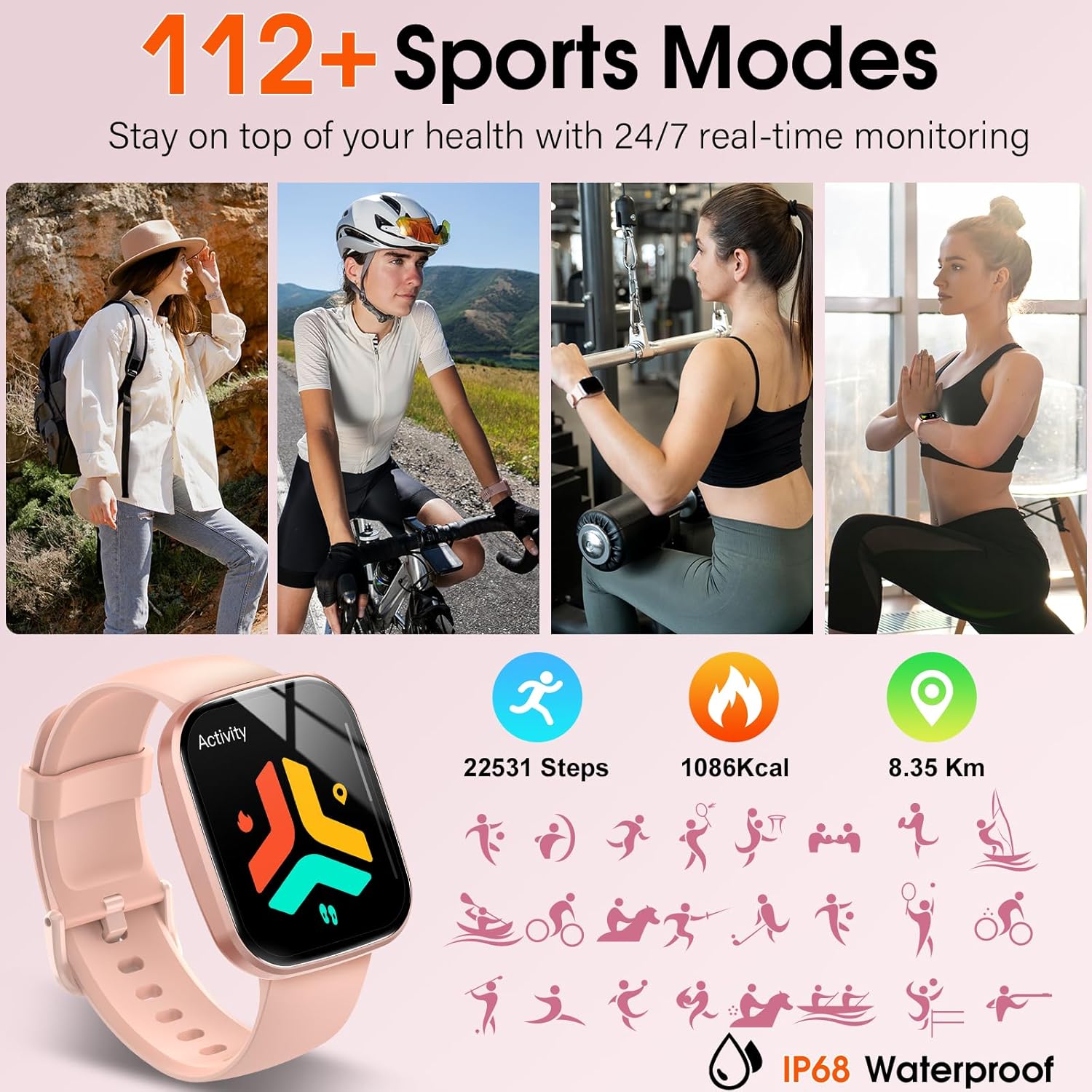 Smart Watch, 1.91" HD Screen Smartwatch for Men Women(Answer/Make Call), Fitness Watch with Heart Rate/Sleep Monitor/Steps Monitor, 110+ Sports Modes, IP68 Waterproof Activity Tracker Rose Gold - Image 4