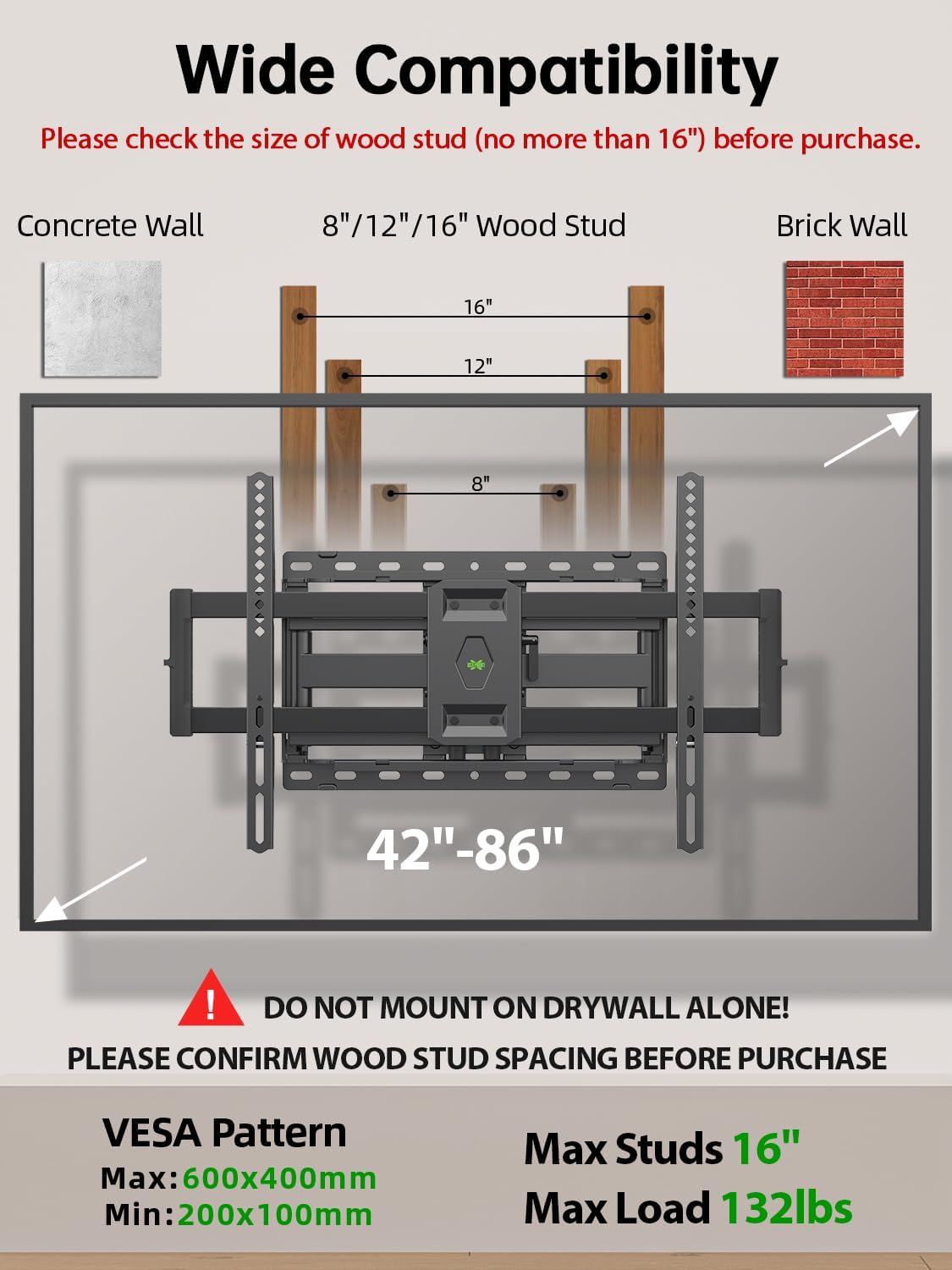 USX Mount Full Motion TV Wall Mount for Most 42-86 inch Flat Screen/LED/4K, TV Mount Bracket Dual Swivel Articulating Tilt 6 Arms, Fits 8” 12” 16" Wood Studs,Max VESA 600x400mm, Holds up to 132lbs - Image 2