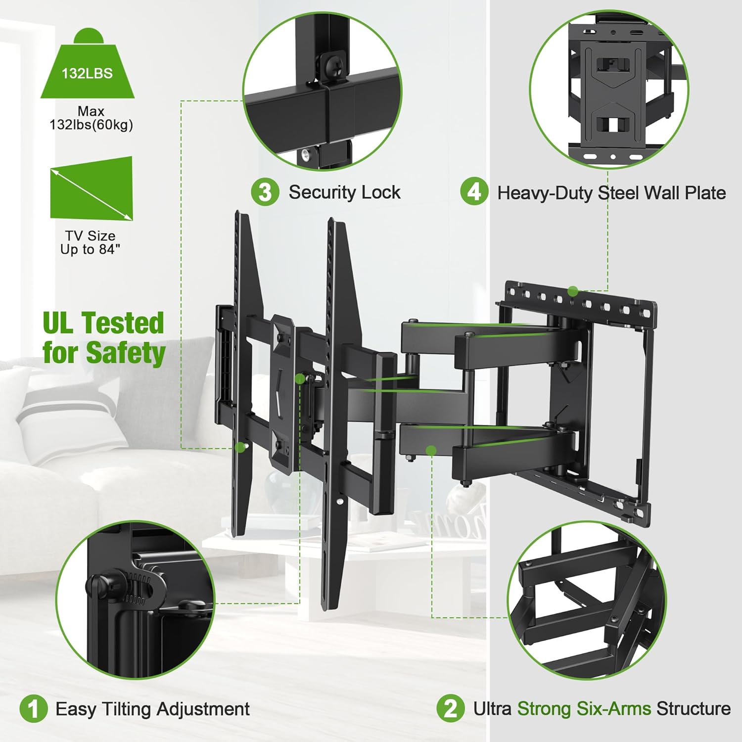 USX Mount Full Motion TV Wall Mount for Most 42-86 inch Flat Screen/LED/4K, TV Mount Bracket Dual Swivel Articulating Tilt 6 Arms, Fits 8” 12” 16" Wood Studs,Max VESA 600x400mm, Holds up to 132lbs - Image 4