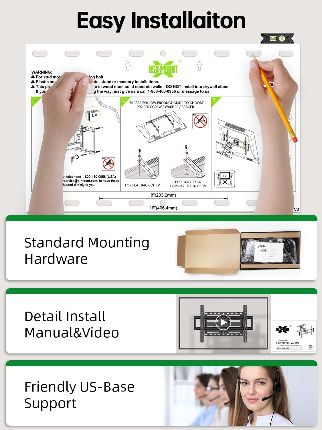 USX Mount Full Motion TV Wall Mount for Most 42-86 inch Flat Screen/LED/4K, TV Mount Bracket Dual Swivel Articulating Tilt 6 Arms, Fits 8” 12” 16" Wood Studs,Max VESA 600x400mm, Holds up to 132lbs - Image 5