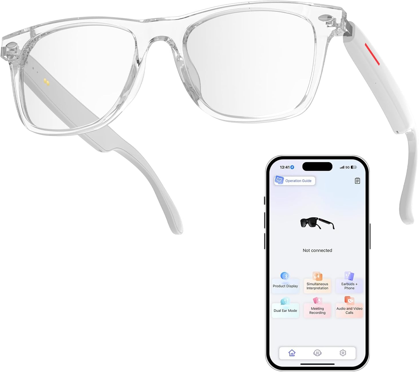 WGP Smart Glasses with AI Translation, Support 110+ Languages, Blue Light Blocking Glasses, Voice Recorder with App, Open Ear Headphones, Bluetooth Audio Glasses for Woman&Man(White)